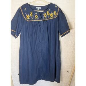 Go Softly Patio Denim Dress Women XL Blue Embroidered Sunflower Bee Zip Mumu VTG